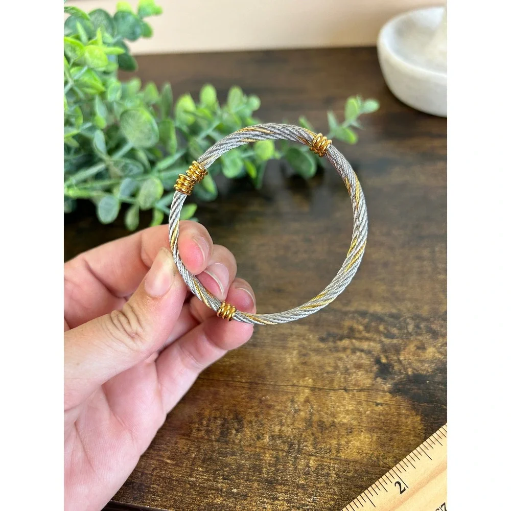 Two Tone Twisted Cable Bypass Bangle Bracelet Gold Silver Tone Rope Textured